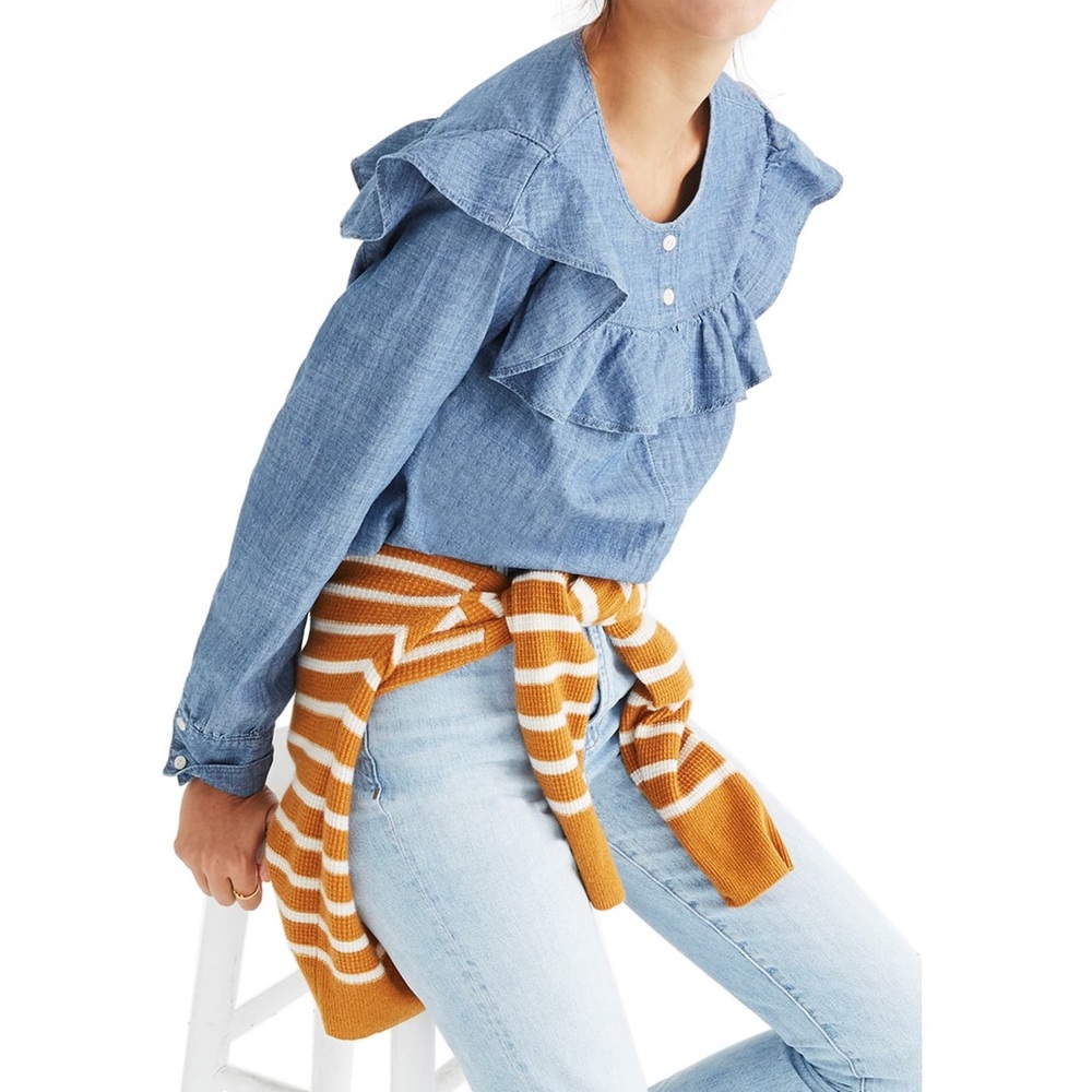 🌿 Madewell Chambray Ruffle-Yoke Top Joni Wash